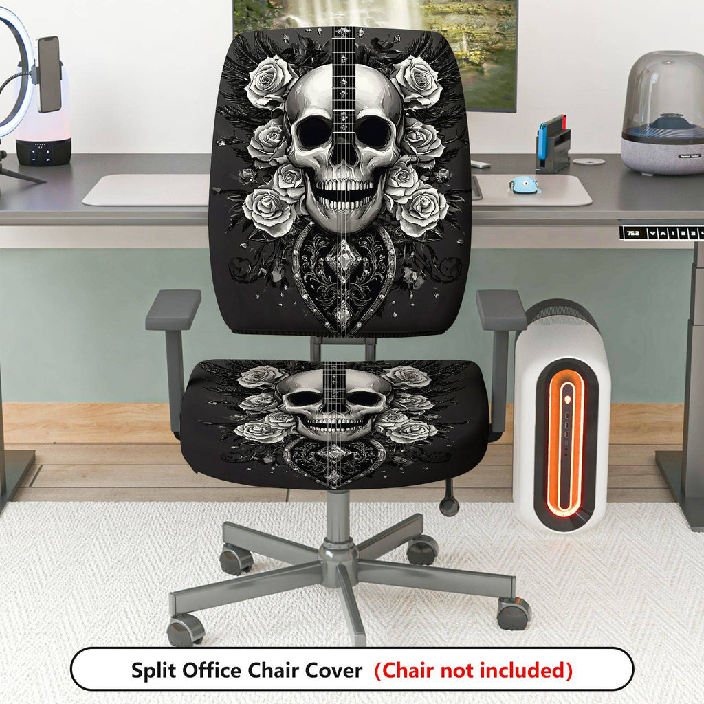 2-Piece Black Floral Gothic Rose Heart Design  Computer Chair Cover Set, Seat and Backrest