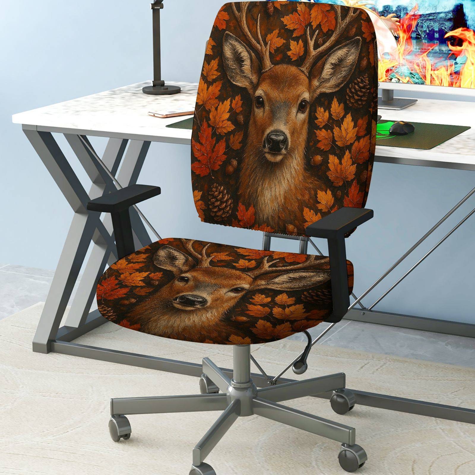 2-Piece Autumn Deer Maple Leaves Nature Wildlife  Computer Chair Cover Set, Seat and Backrest