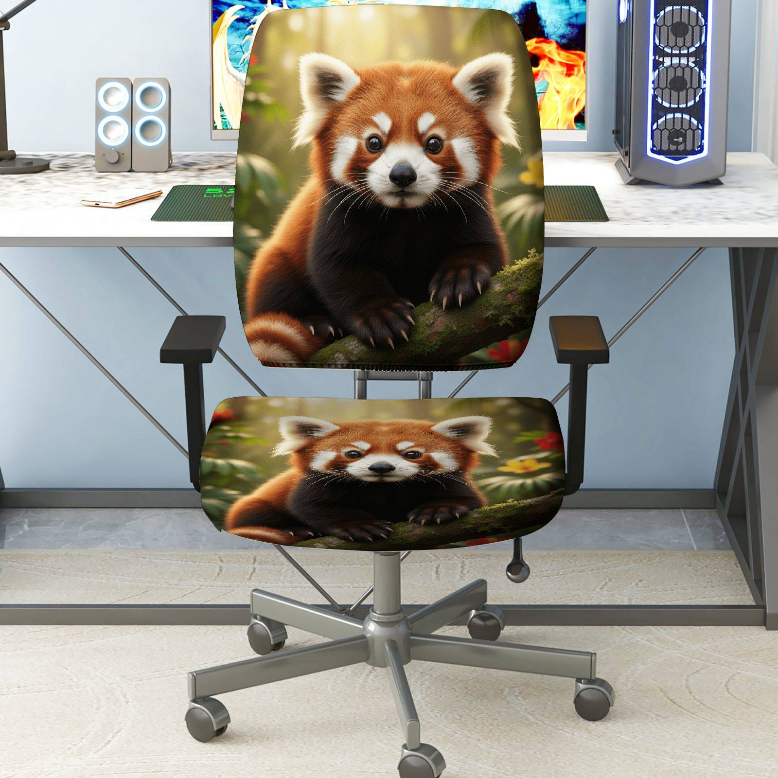 2-Piece Adorable Red Panda Nature Whimsical Animal Woodland  Computer Chair Cover Set, Seat and Backrest