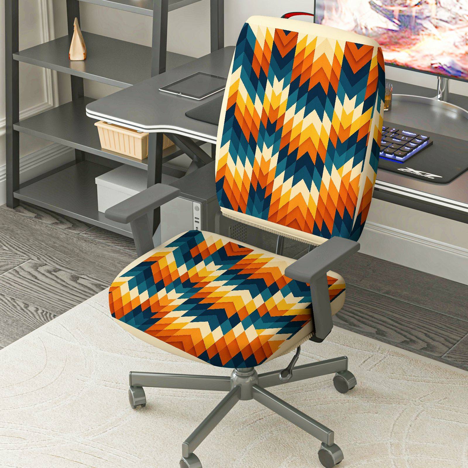 2-Piece Colorful Geometric Wave Pattern  Computer Chair Cover Set, Seat and Backrest
