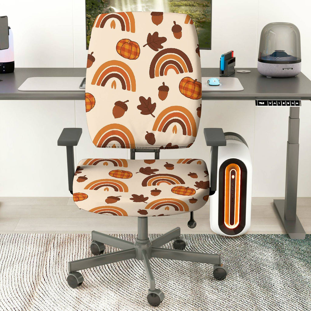 2-Piece Autumn Pumpkin Acorn Rainbow Leaves Thanksgiving  Computer Chair Cover Set, Seat and Backrest