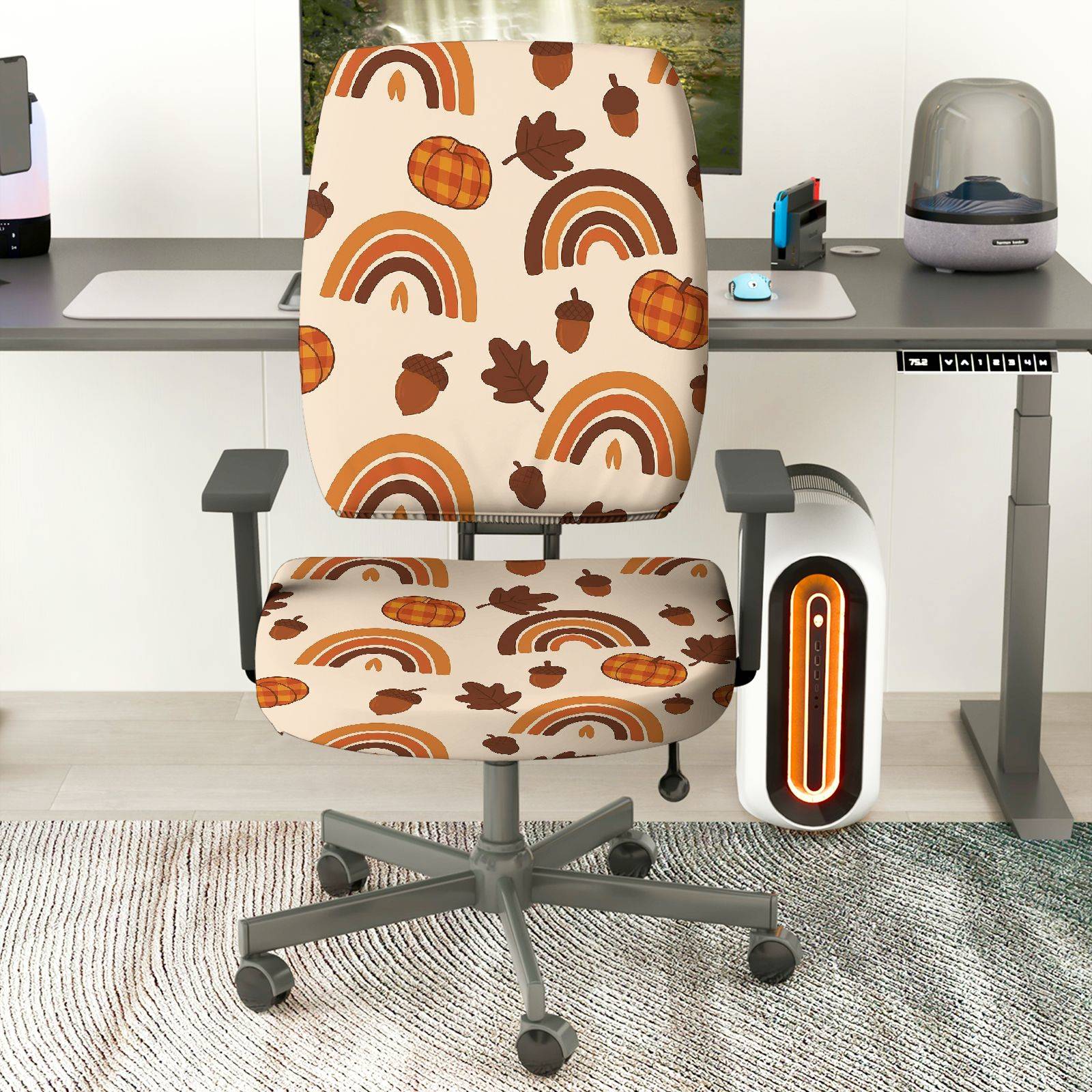 2-Piece Autumn Pumpkin Acorn Rainbow Leaves Thanksgiving  Computer Chair Cover Set, Seat and Backrest