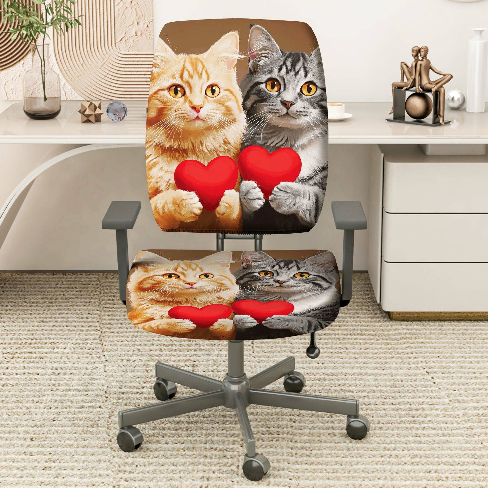 2-Piece Adorable Loving Heart Cat Design Cute Animal Valentine Gift  Computer Chair Cover Set, Seat and Backrest