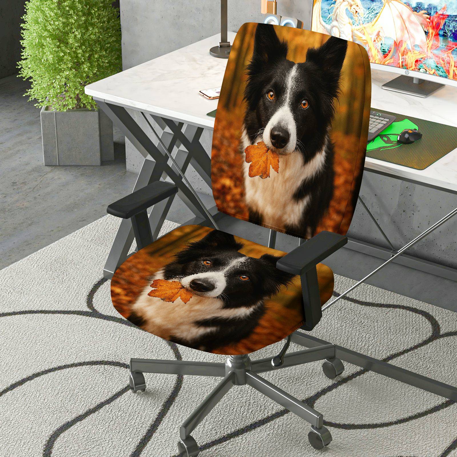 2-Piece Autumn Dog Leaf Nature Cozy  Computer Chair Cover Set, Seat and Backrest