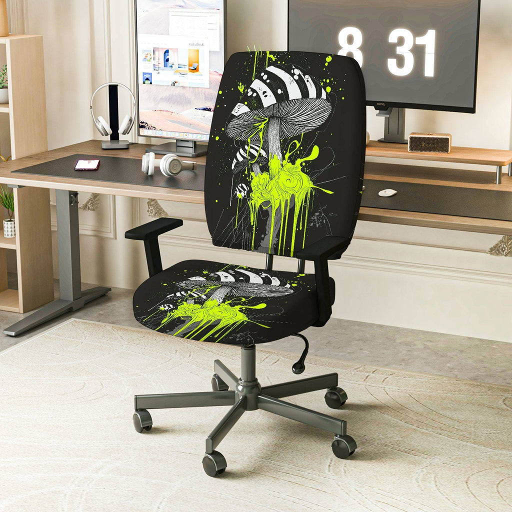 2-Piece Abstract Psychedelic Mushroom Art Green Splash Black  Computer Chair Cover Set, Seat and Backrest