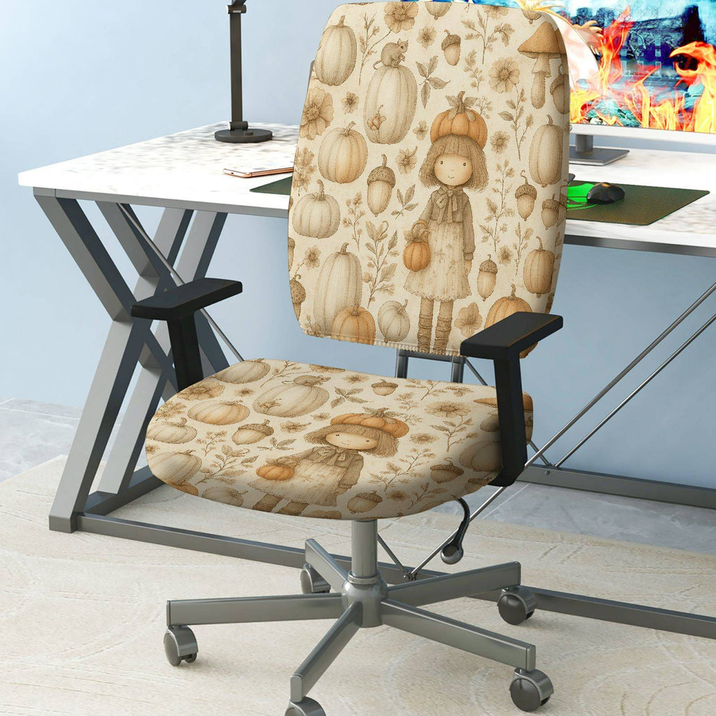 2-Piece Autumn Pumpkin Girl Floral Harvest  Computer Chair Cover Set, Seat and Backrest