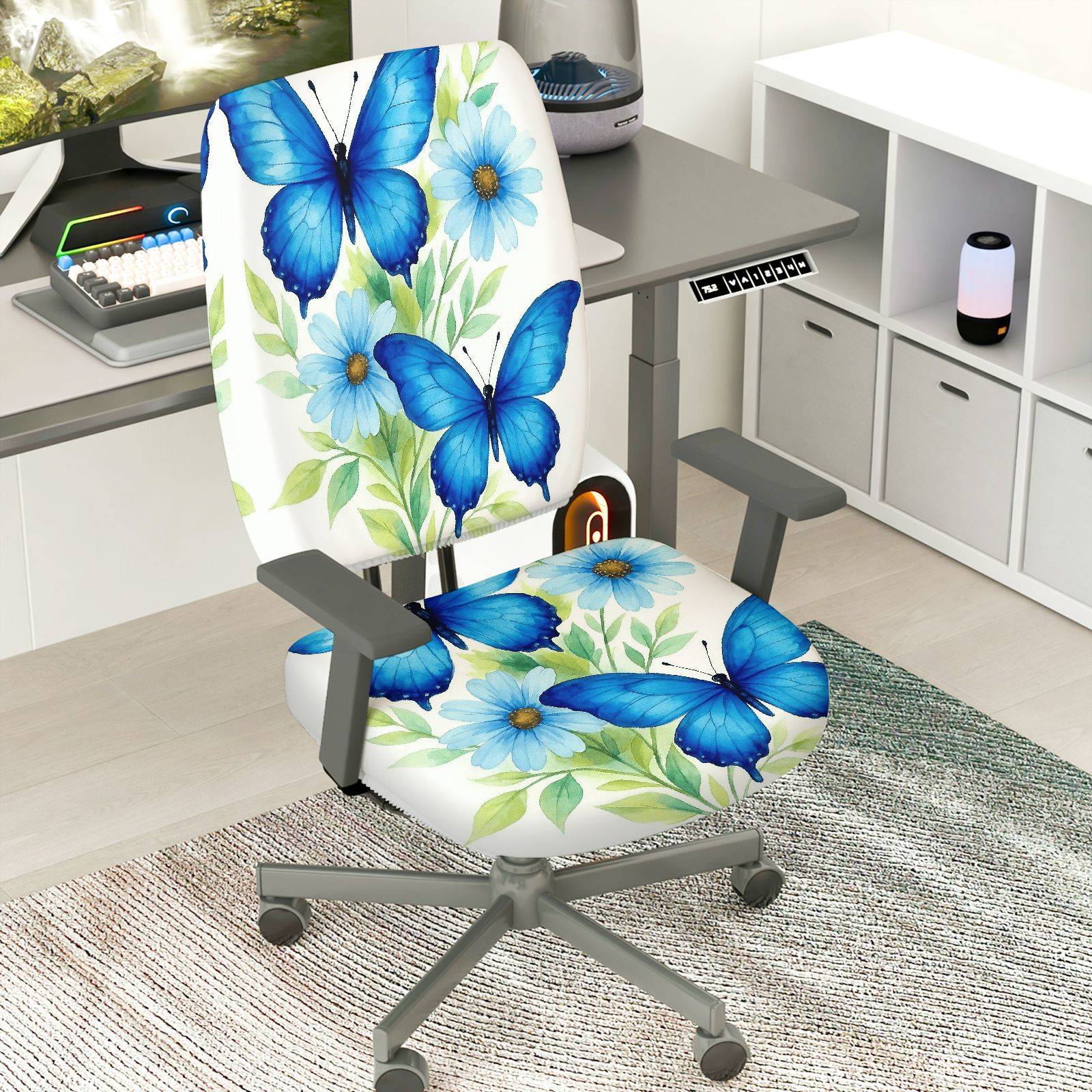 2-Piece Butterfly Flower Pattern Nature Colorful  Computer Chair Cover Set, Seat and Backrest