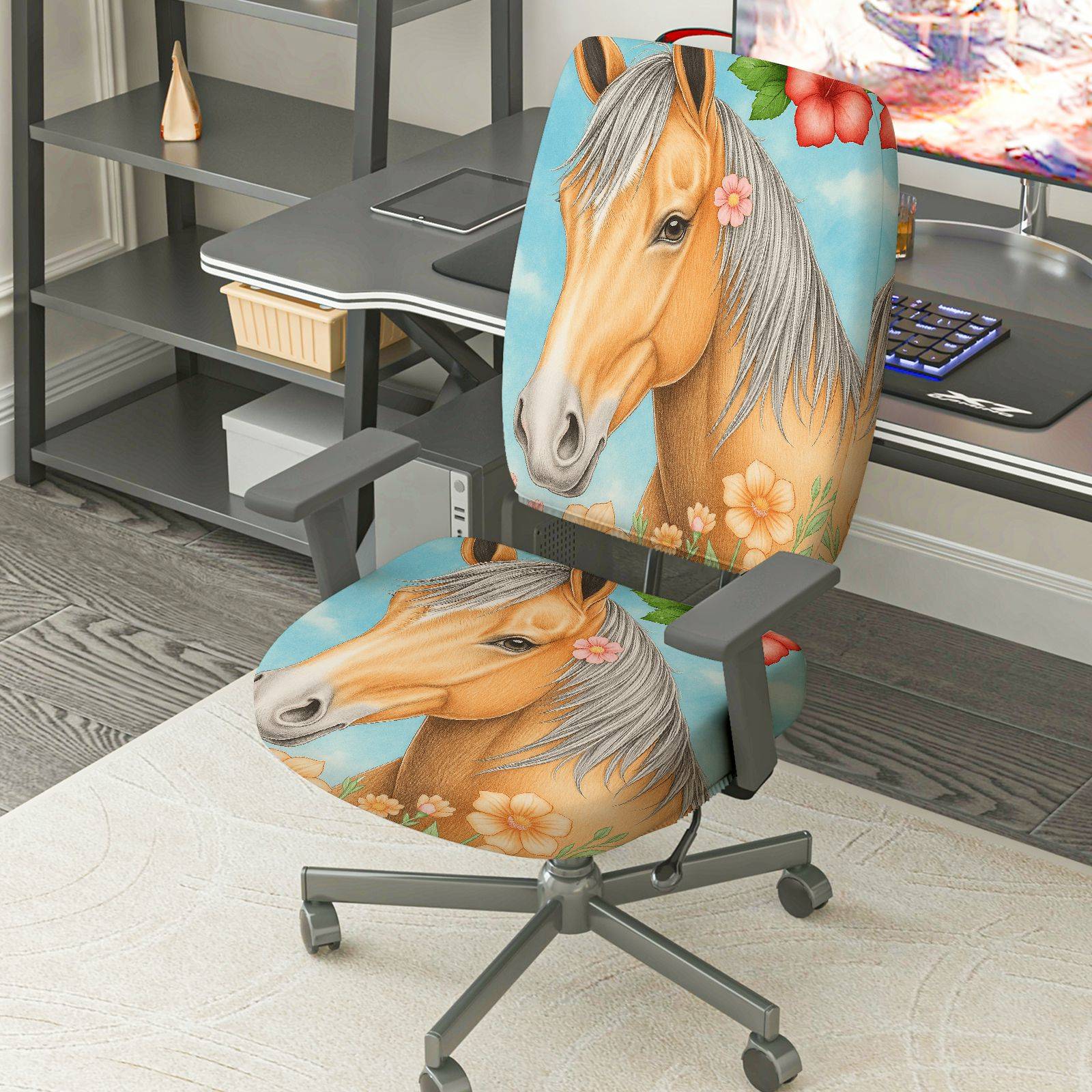 2-Piece Horse Floral Artistic Colorful Nature Animal  Computer Chair Cover Set, Seat and Backrest