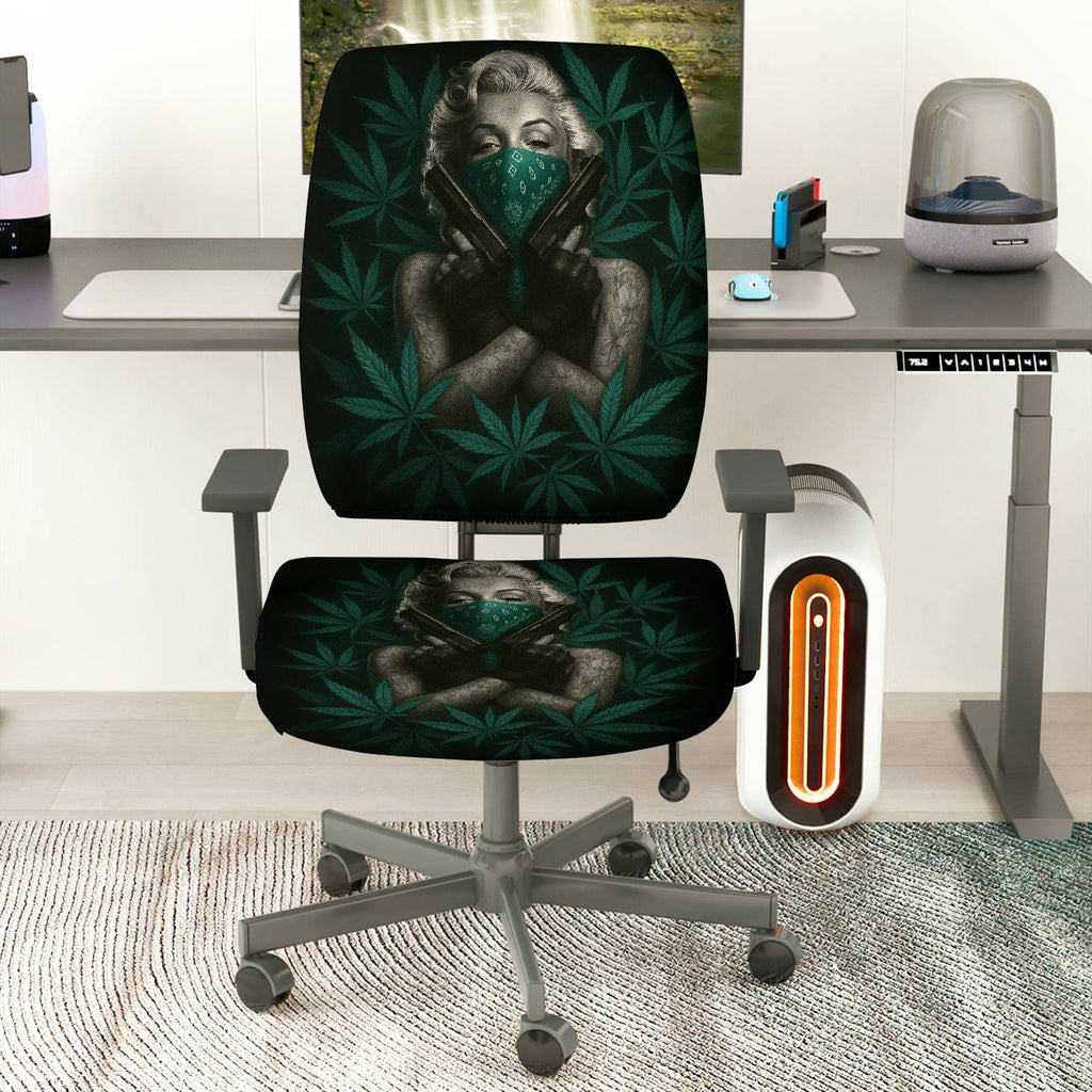 2-Piece Black Green Leaf Artistic Stylish Unique Creative  Computer Chair Cover Set, Seat and Backrest