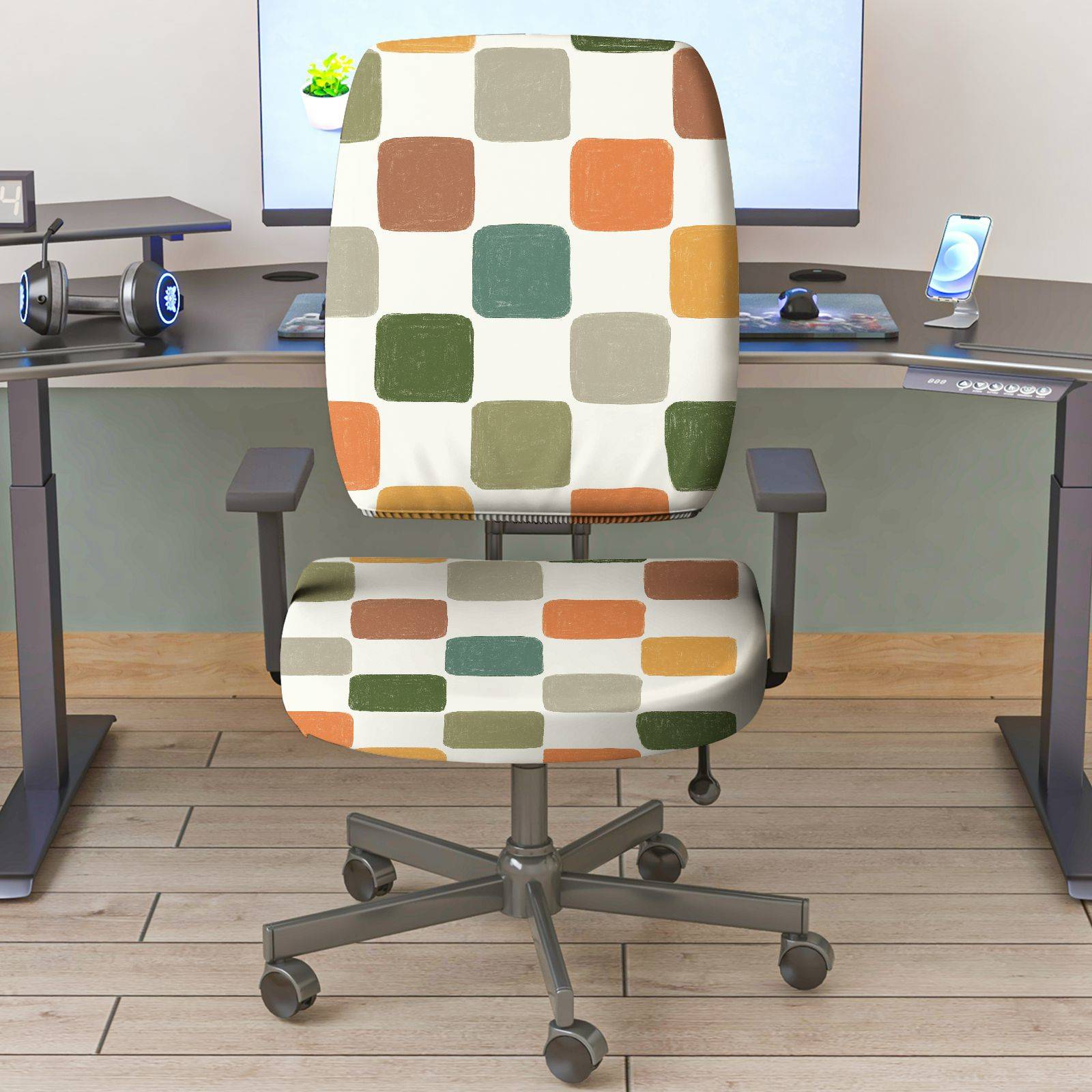 2-Piece Colorful Geometric Pattern Grid Stylish Modern Festival  Computer Chair Cover Set, Seat and Backrest