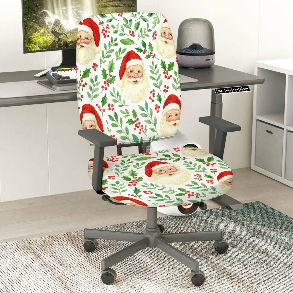 2-Piece Christmas Santa Claus Holly Berry Festive Decoration  Computer Chair Cover Set, Seat and Backrest
