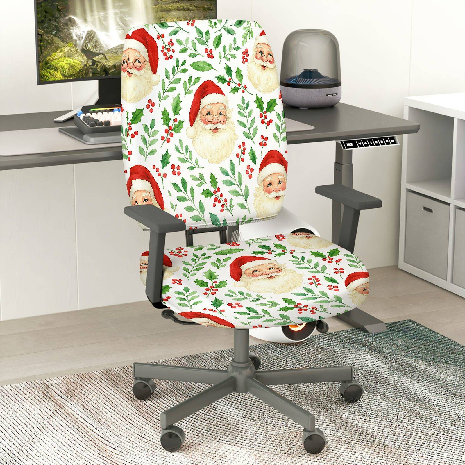 2-Piece Christmas Santa Claus Holly Berry Festive Decoration  Computer Chair Cover Set, Seat and Backrest