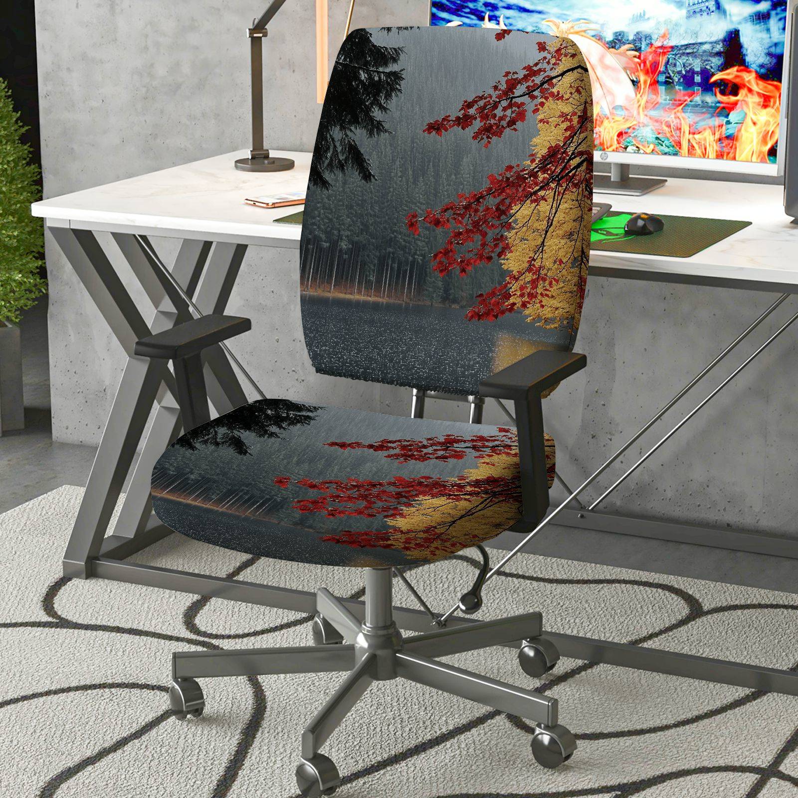 2-Piece Autumn Tree Forest Landscape  Computer Chair Cover Set, Seat and Backrest