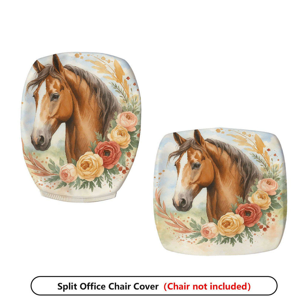 2-Piece Horse Floral Artistic Nature Colored Decoration  Computer Chair Cover Set, Seat and Backrest
