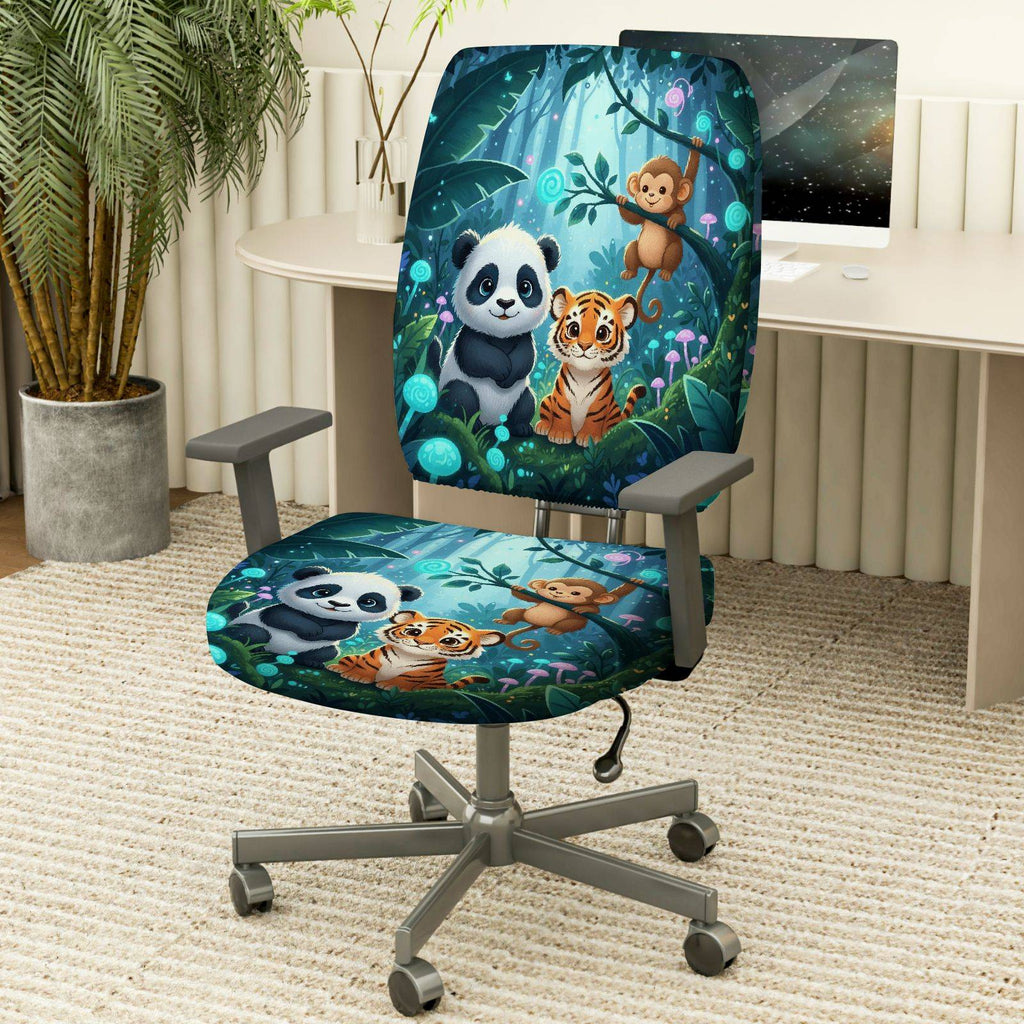 2-Piece Animal Forest Panda Tiger Monkey  Computer Chair Cover Set, Seat and Backrest
