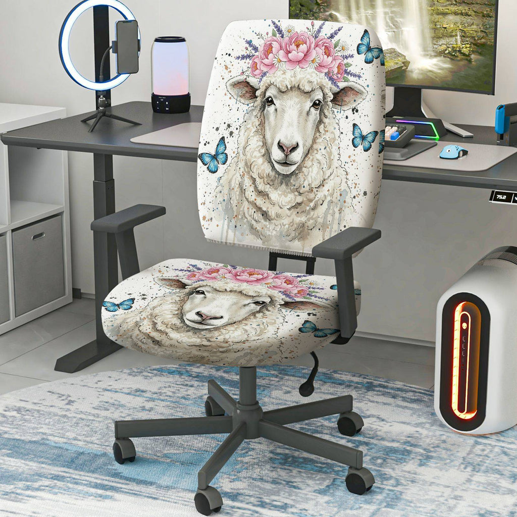 2-Piece Floral Animal Pastel Sheep Butterfly  Computer Chair Cover Set, Seat and Backrest