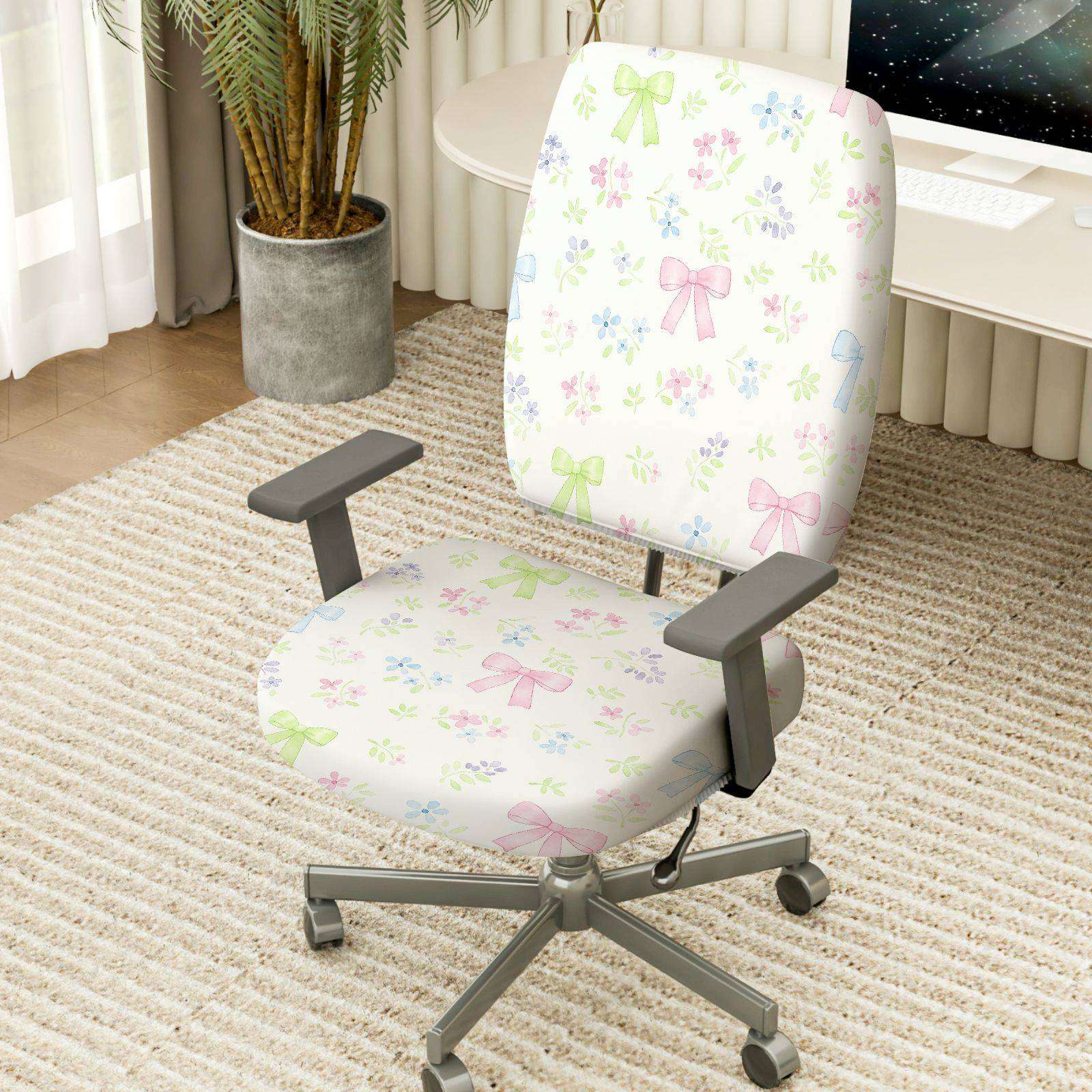 2-Piece Floral Bow Pastel Cute Spring Comfortable  Computer Chair Cover Set, Seat and Backrest