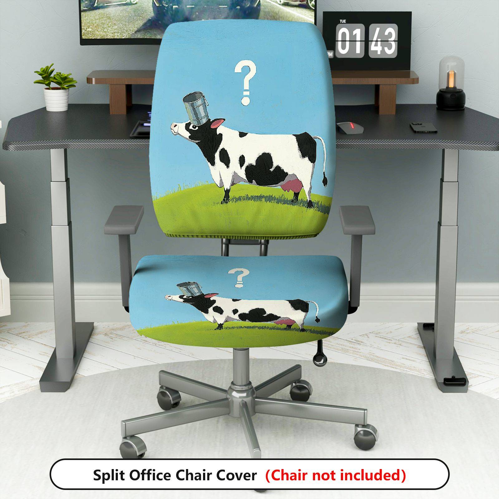 2-Piece Funny Cow Design Printed Animal  Computer Chair Cover Set, Seat and Backrest