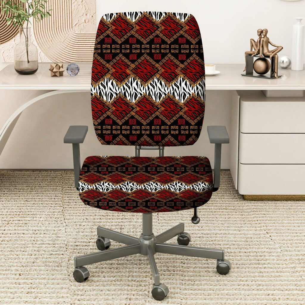 2-Piece Geometric Pattern Red Black Zebra African Style Ethnic  Computer Chair Cover Set, Seat and Backrest
