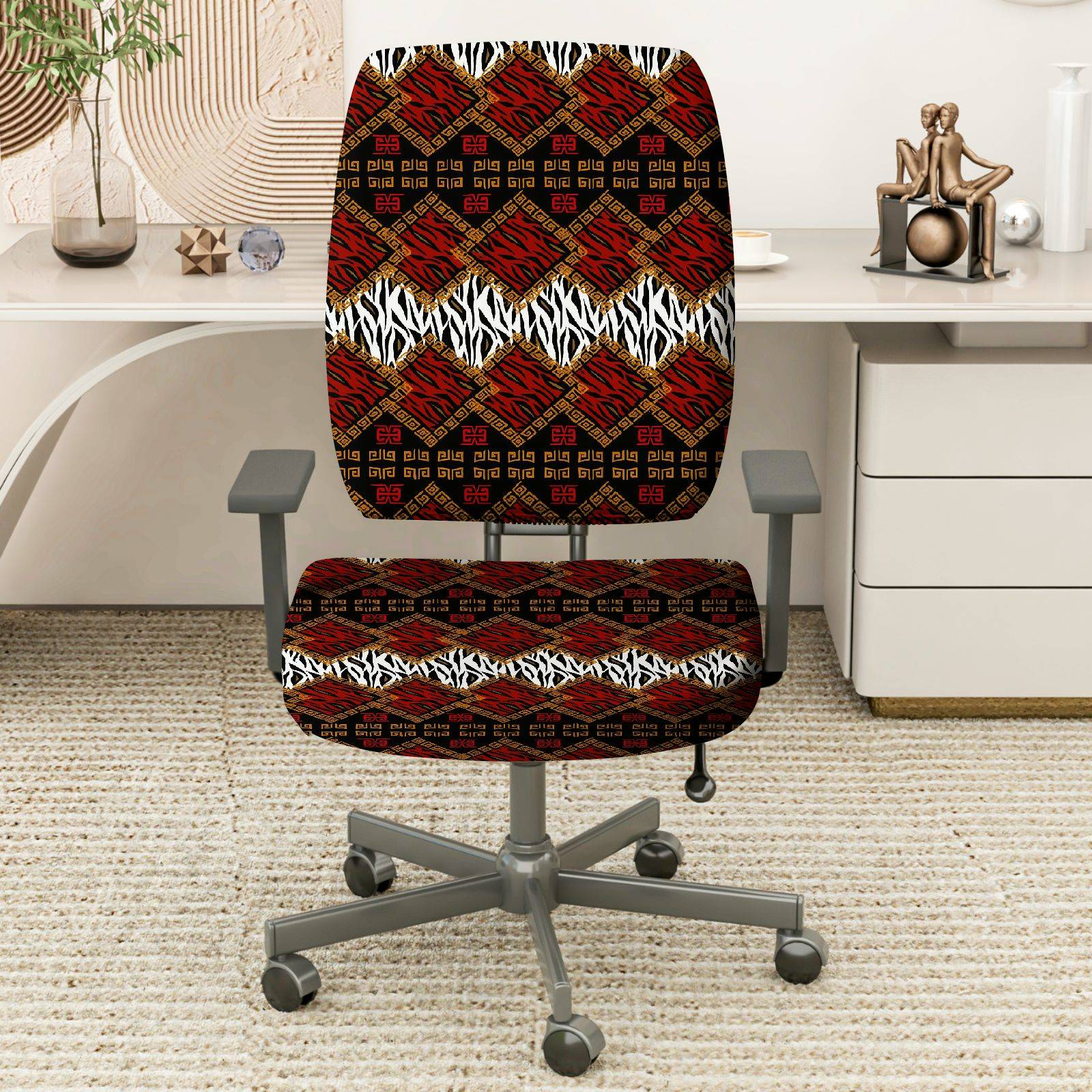 2-Piece Geometric Pattern Red Black Zebra African Style Ethnic  Computer Chair Cover Set, Seat and Backrest