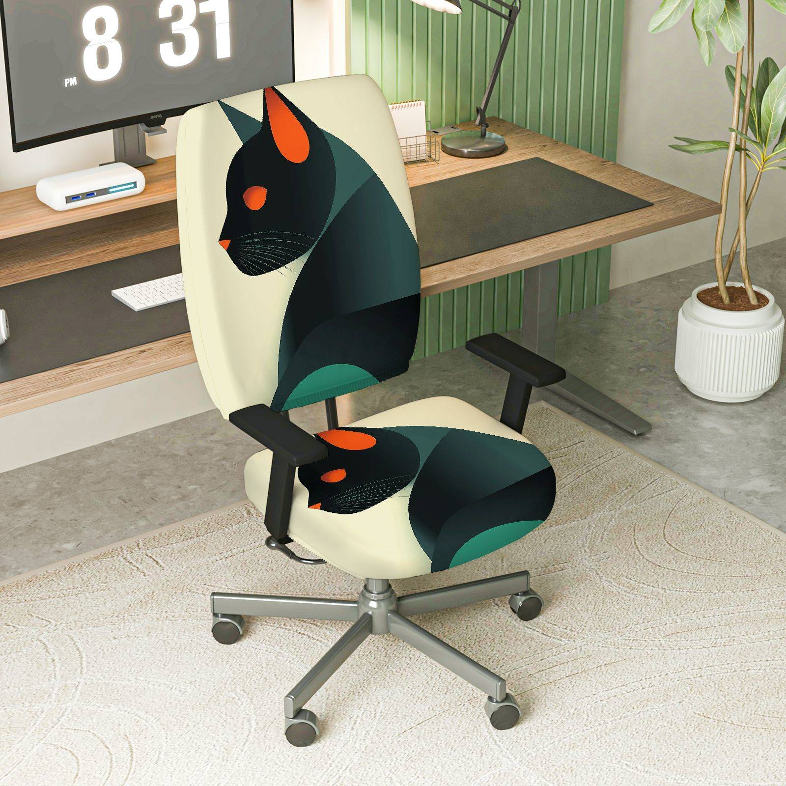 2-Piece Geometric Cat Modern Art Abstract Stylish Decorative  Computer Chair Cover Set, Seat and Backrest