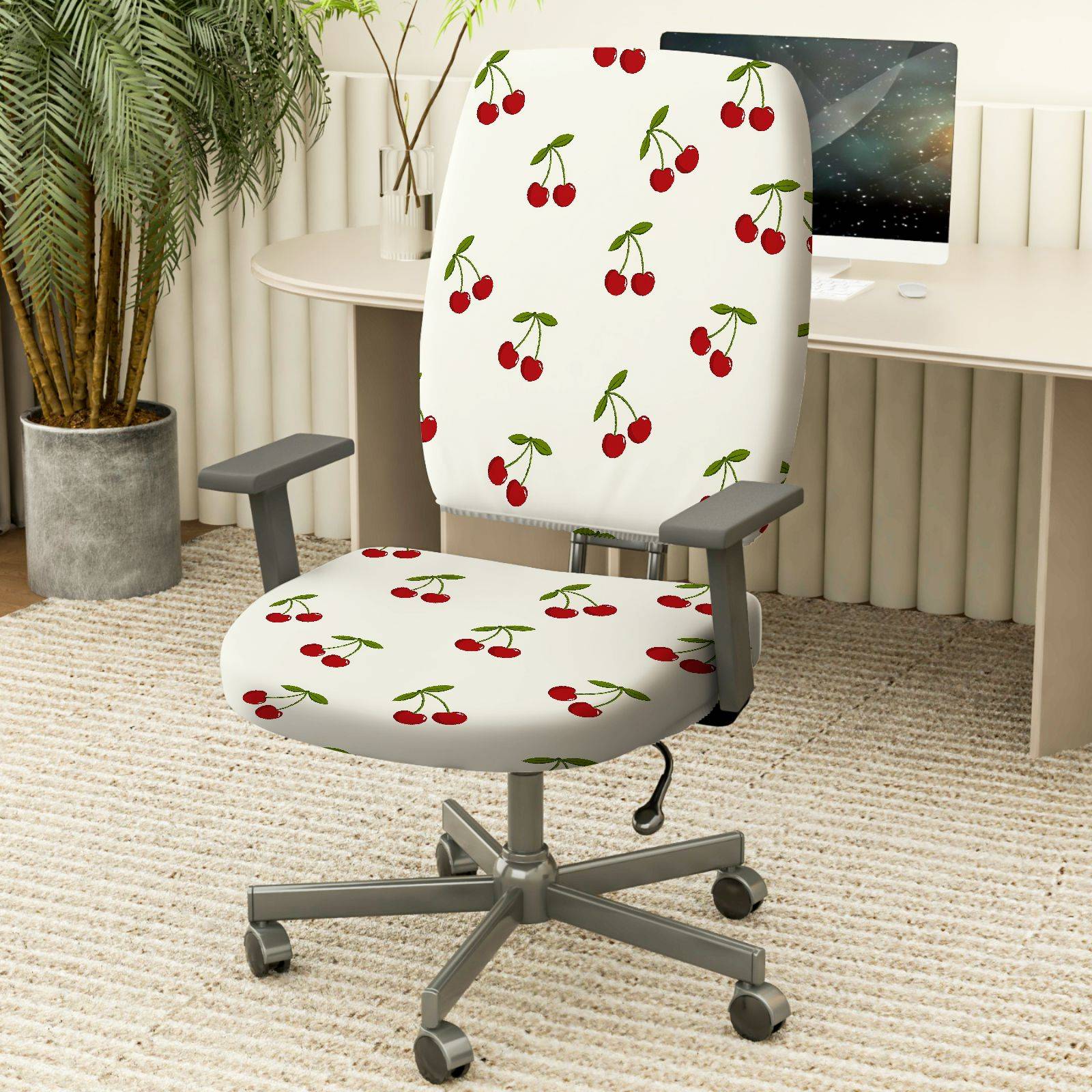 2-Piece Cherry Pattern Red Green White  Computer Chair Cover Set, Seat and Backrest