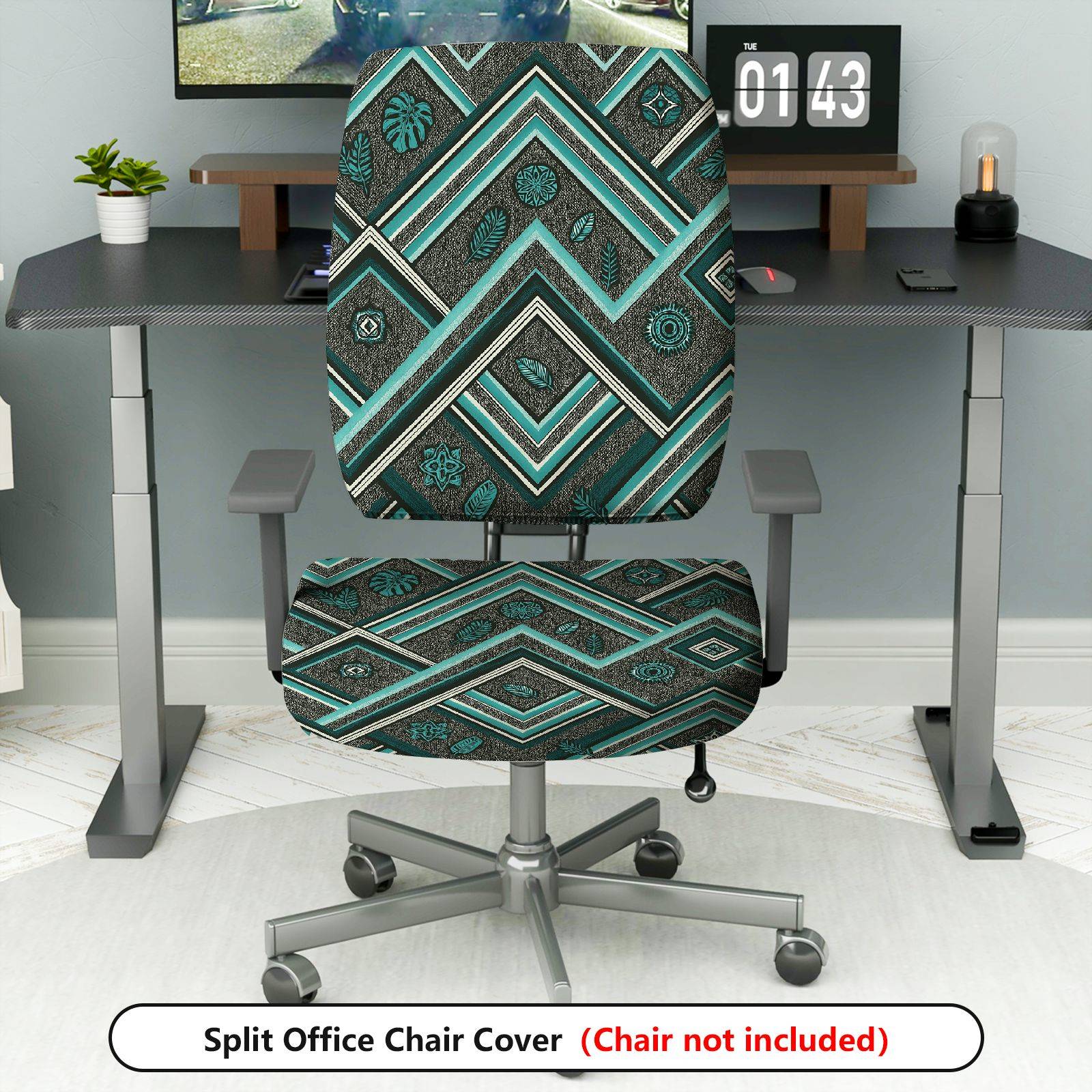 2-Piece Geometric Tropical Pattern Abstract Leaf Bohemian  Computer Chair Cover Set, Seat and Backrest