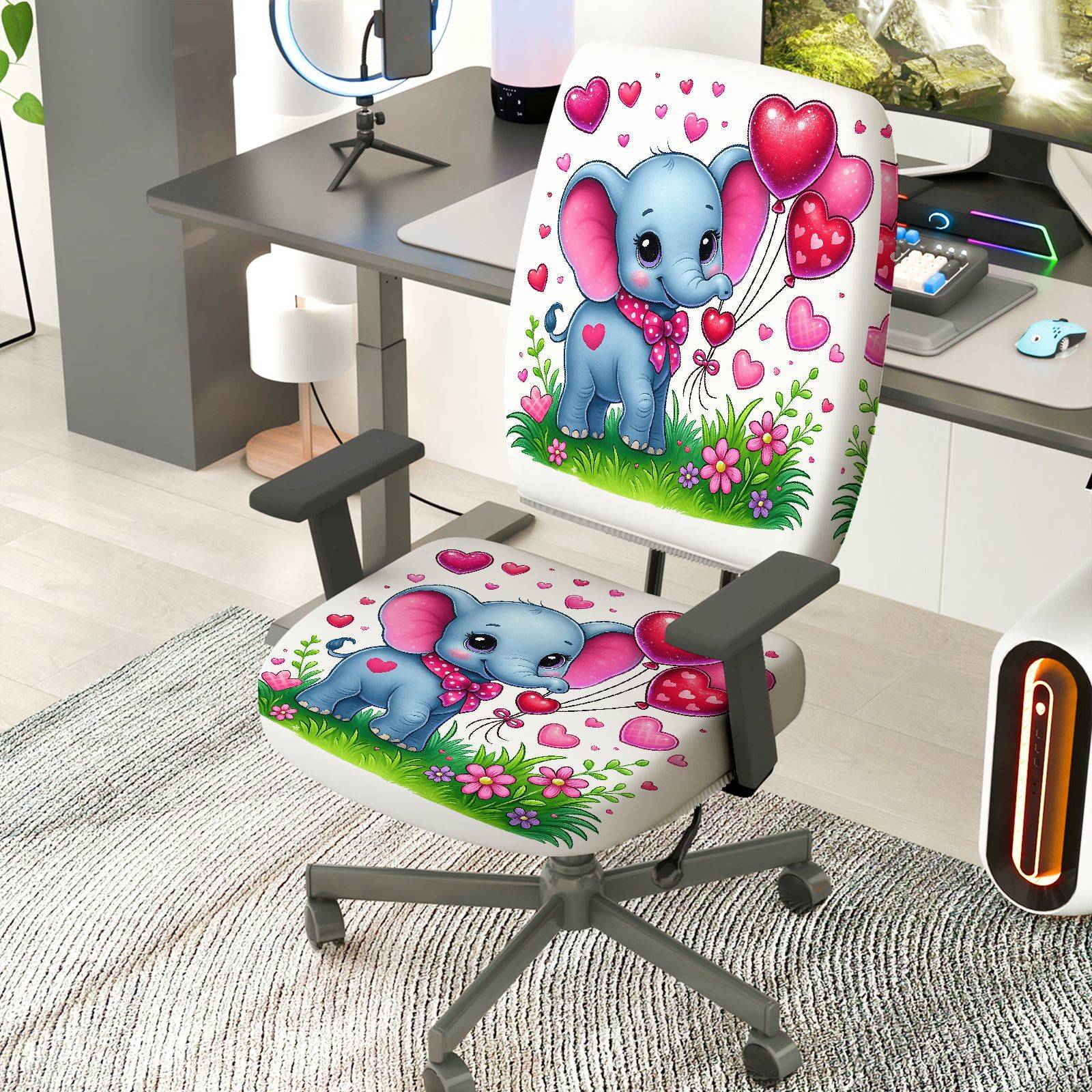 2-Piece Cute Elephant Heart Balloon Flower Grass  Computer Chair Cover Set, Seat and Backrest