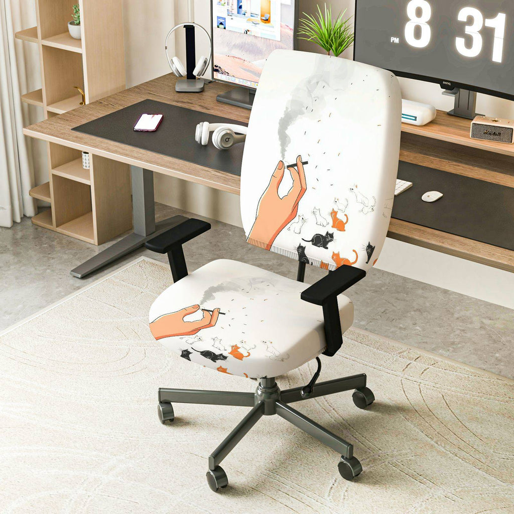 2-Piece Artistic Cat Smoking Hand Design  Computer Chair Cover Set, Seat and Backrest