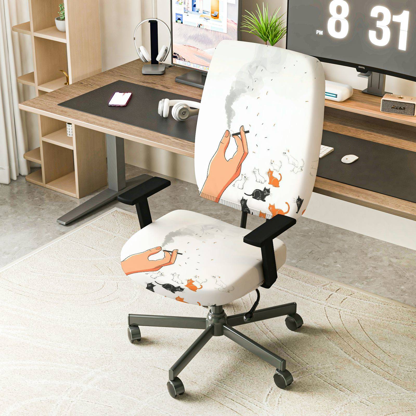 2-Piece Artistic Cat Smoking Hand Design  Computer Chair Cover Set, Seat and Backrest