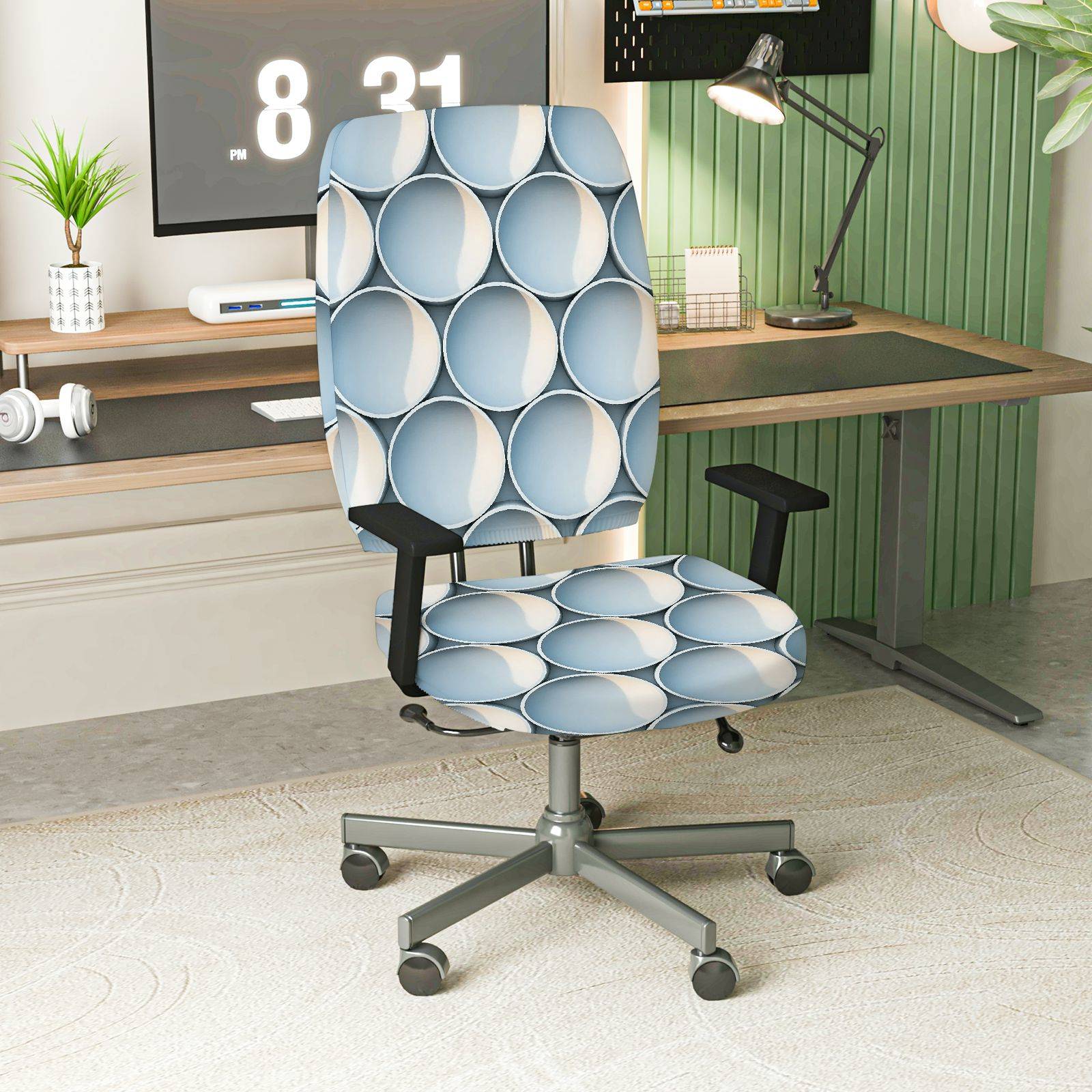 2-Piece Modern Geometric Blue Pattern Stretchy  Computer Chair Cover Set, Seat and Backrest