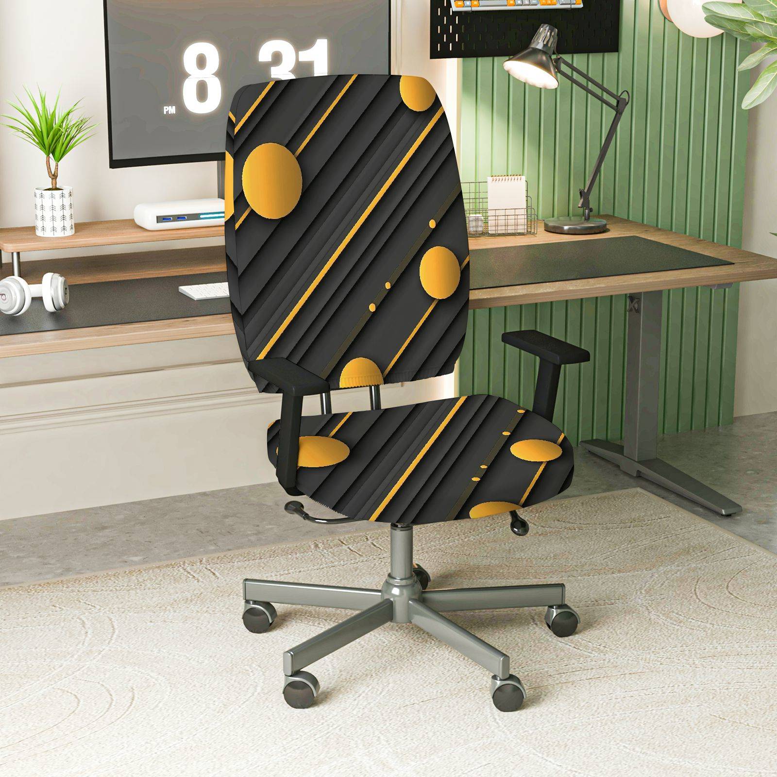 2-Piece Modern Geometric Yellow Black Stylish Trendy  Computer Chair Cover Set, Seat and Backrest