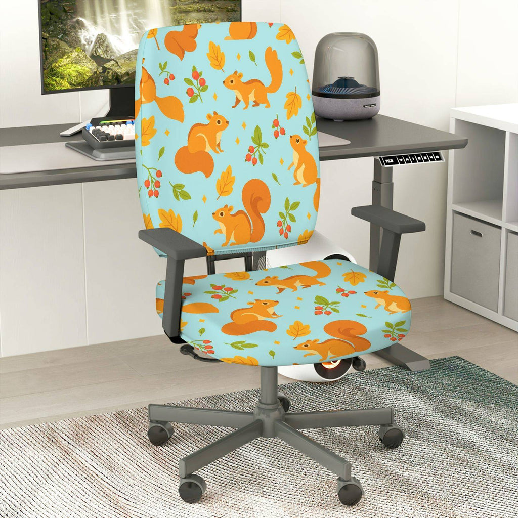 2-Piece Autumn Squirrel Leaves Berry  Computer Chair Cover Set, Seat and Backrest