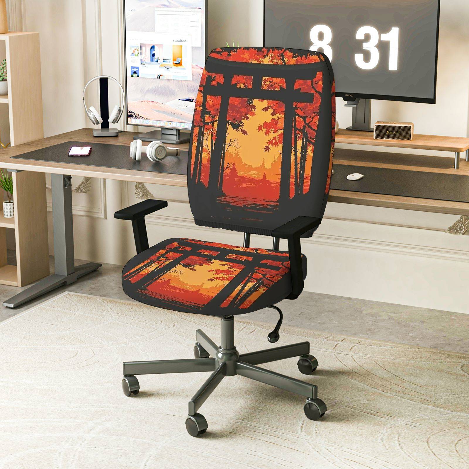 2-Piece Autumn Sunset Forest Gate Silhouette Scenery  Computer Chair Cover Set, Seat and Backrest