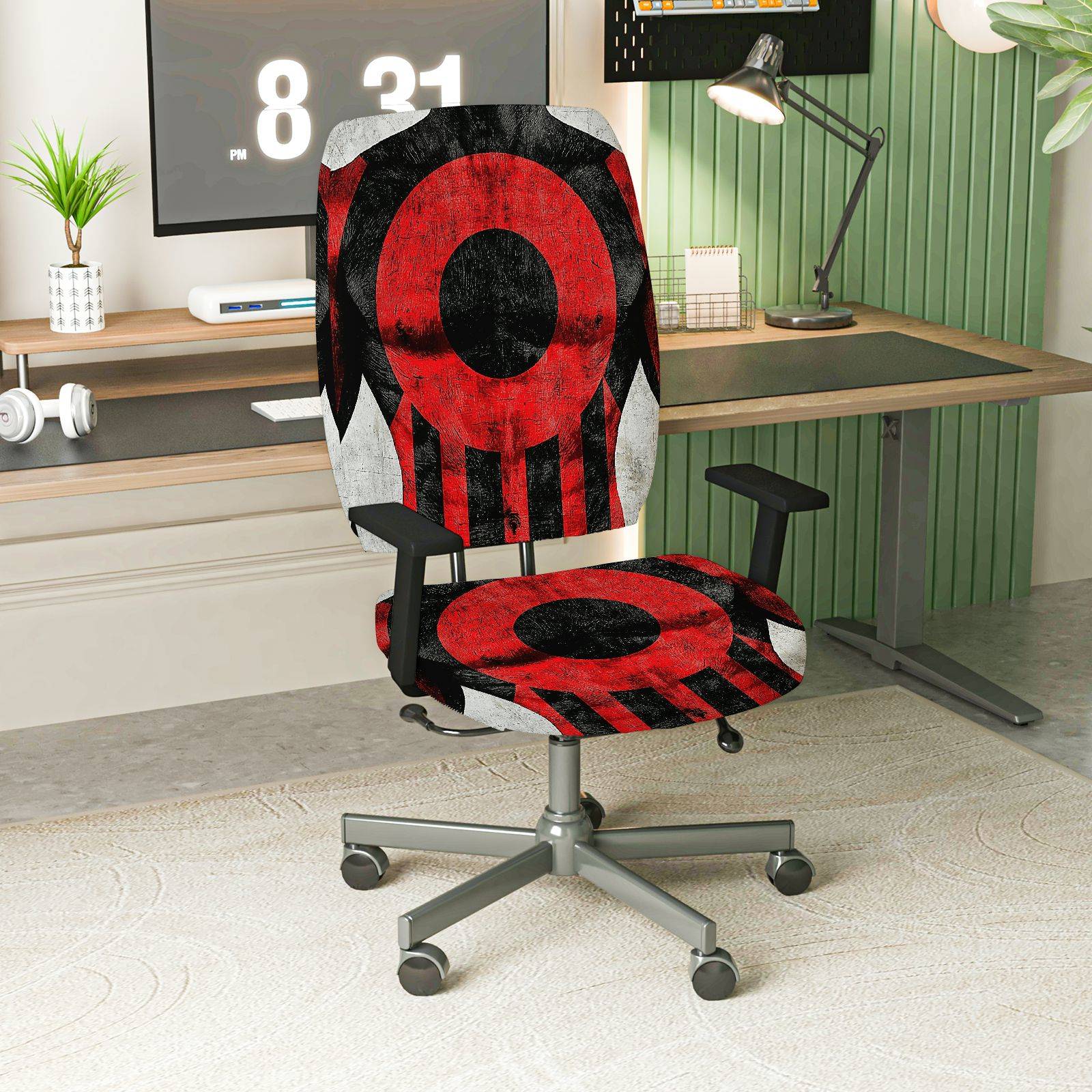 2-Piece Modern Geometric Red Black Artistic Pattern  Computer Chair Cover Set, Seat and Backrest
