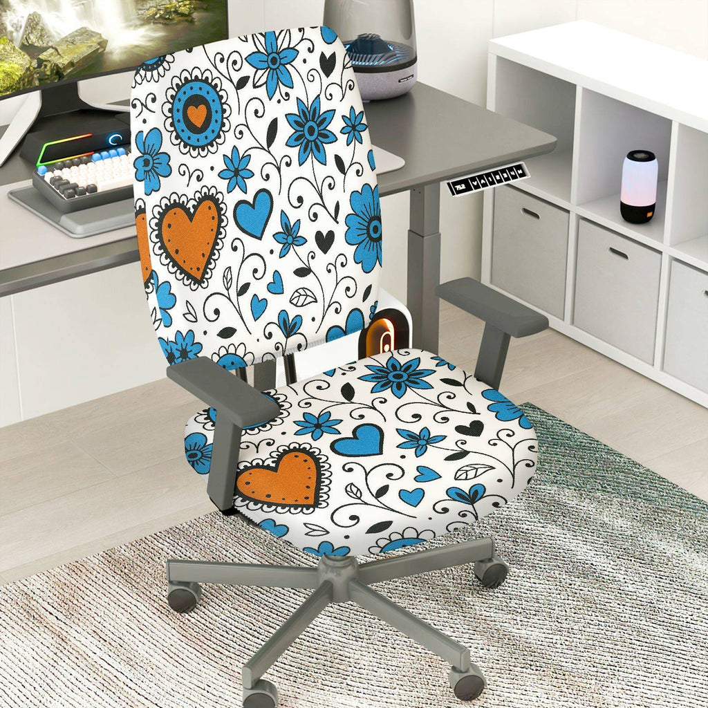 2-Piece Heart Floral Blue Black  Computer Chair Cover Set, Seat and Backrest