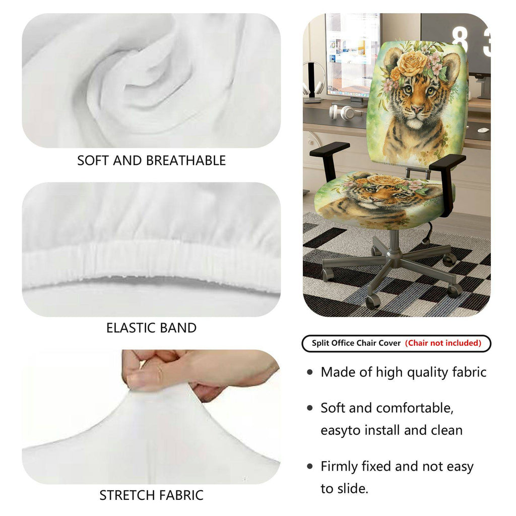 2-Piece Cute Floral Tiger Nature Art  Computer Chair Cover Set, Seat and Backrest