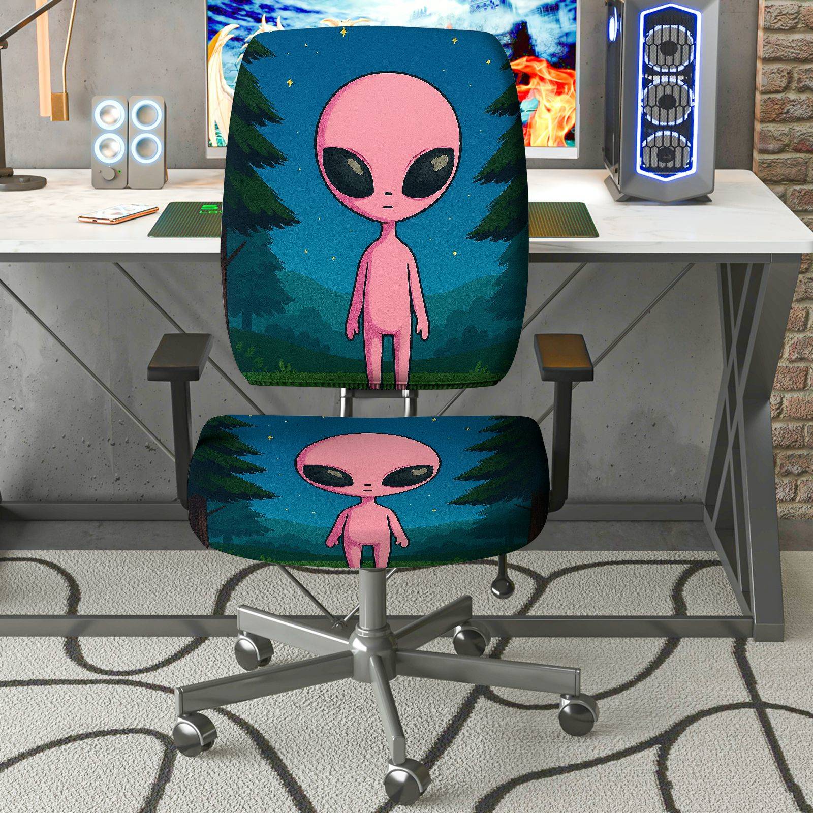 2-Piece Alien Forest Galaxy Starry Night Pink  Computer Chair Cover Set, Seat and Backrest