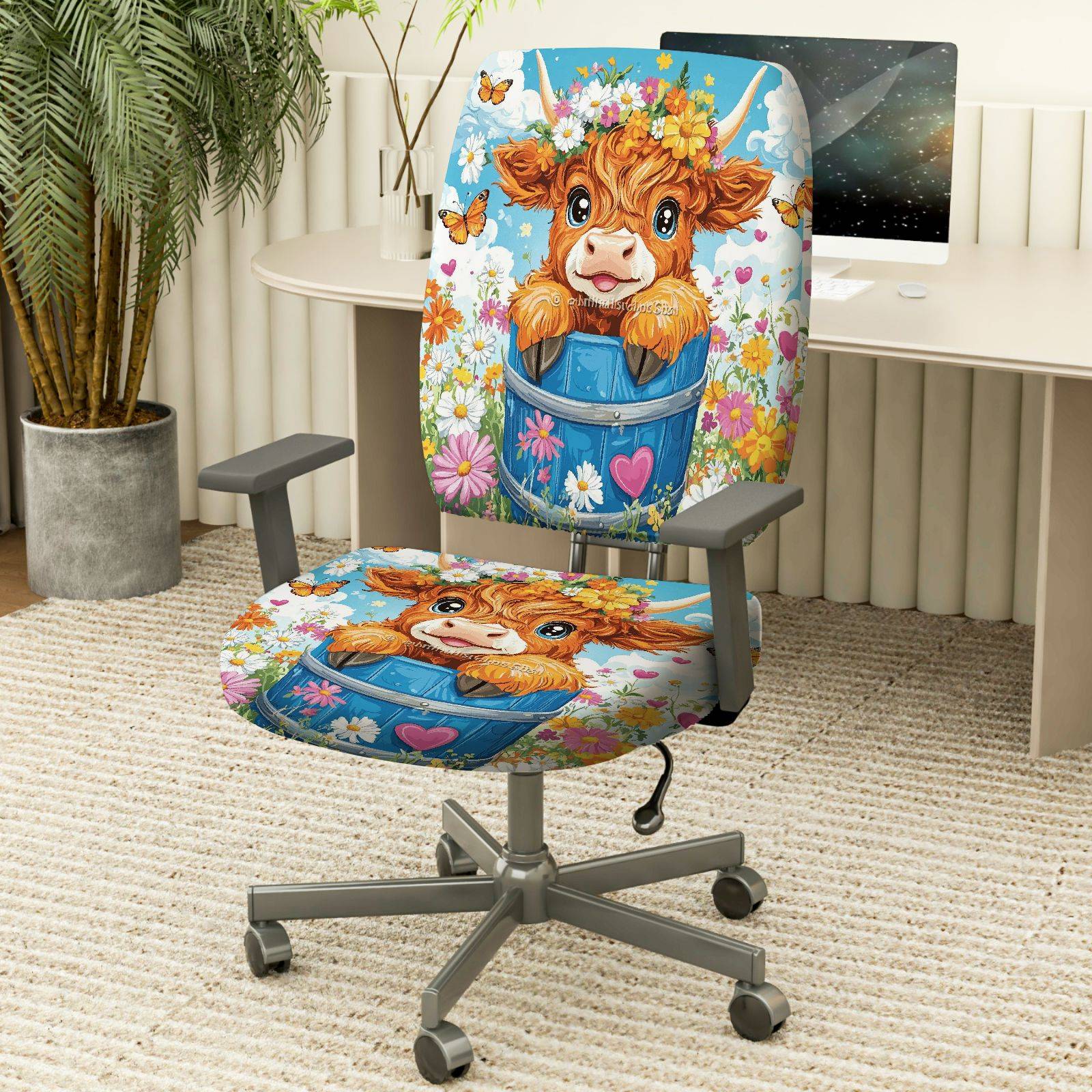 2-Piece Cute Floral Animal Pastoral Spring  Computer Chair Cover Set, Seat and Backrest