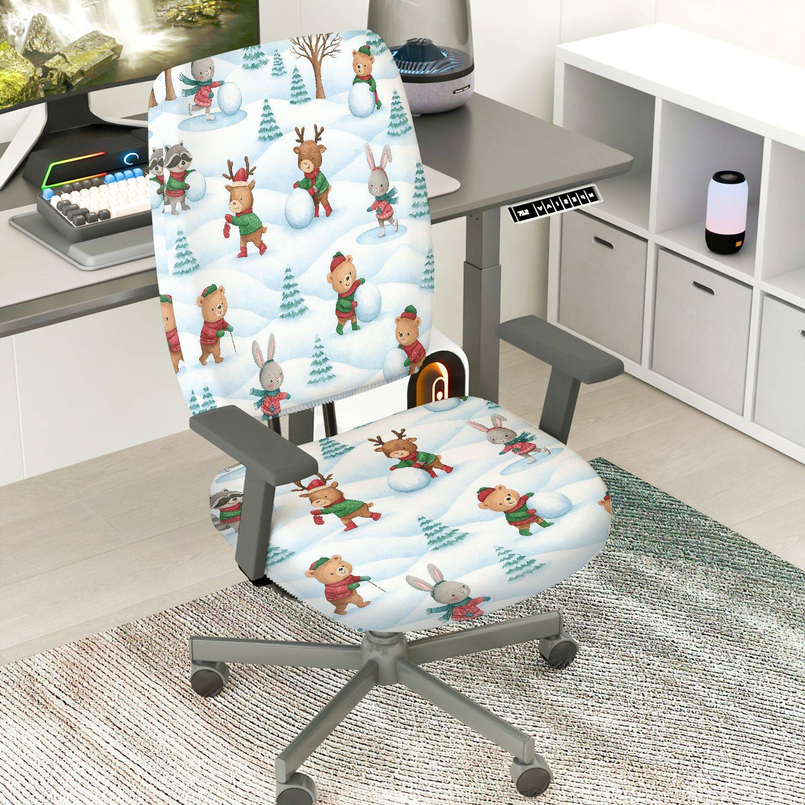 2-Piece Christmas Snowman Elk Rabbit Forest  Computer Chair Cover Set, Seat and Backrest