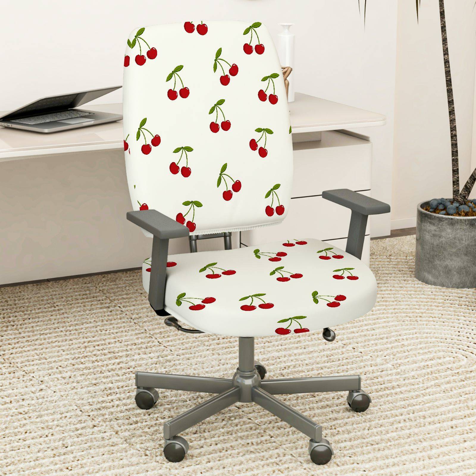 2-Piece Cherry Pattern Red Green White  Computer Chair Cover Set, Seat and Backrest