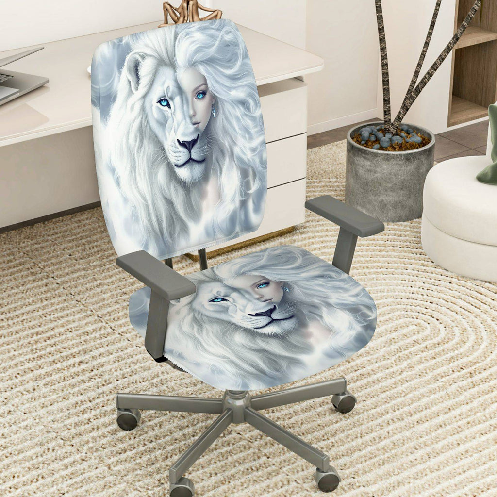 2-Piece White Lion Animal Print Artistic Elegant Bold  Computer Chair Cover Set, Seat and Backrest