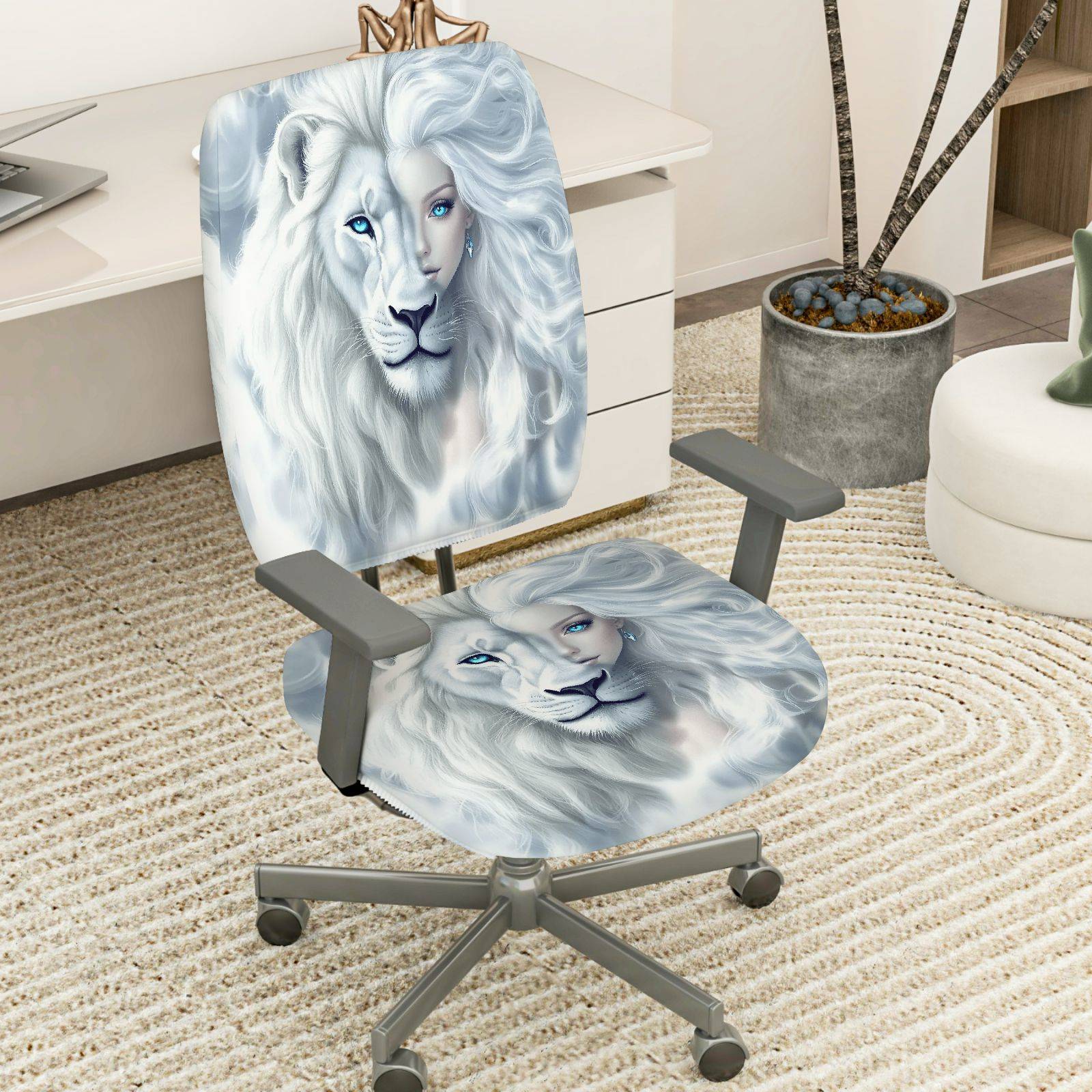 2-Piece White Lion Animal Print Artistic Elegant Bold  Computer Chair Cover Set, Seat and Backrest