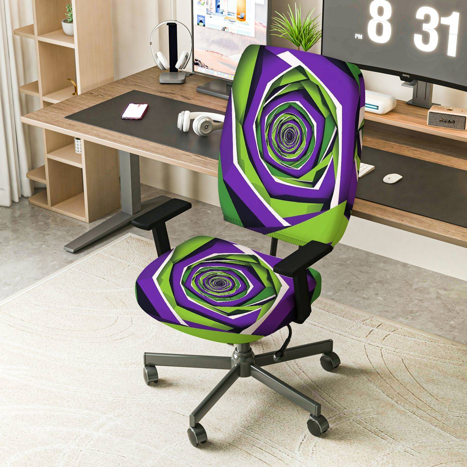 2-Piece Geometric Spiral Vortex Purple Green Creative Pattern  Computer Chair Cover Set, Seat and Backrest