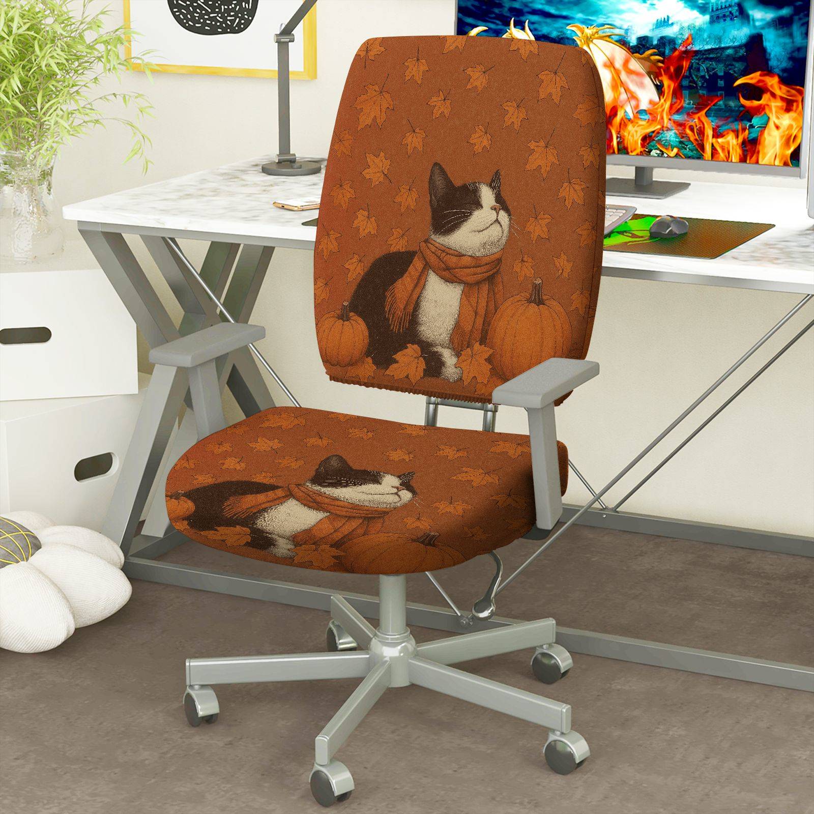 2-Piece Autumn Cat Pumpkin Leaves Thanksgiving  Computer Chair Cover Set, Seat and Backrest