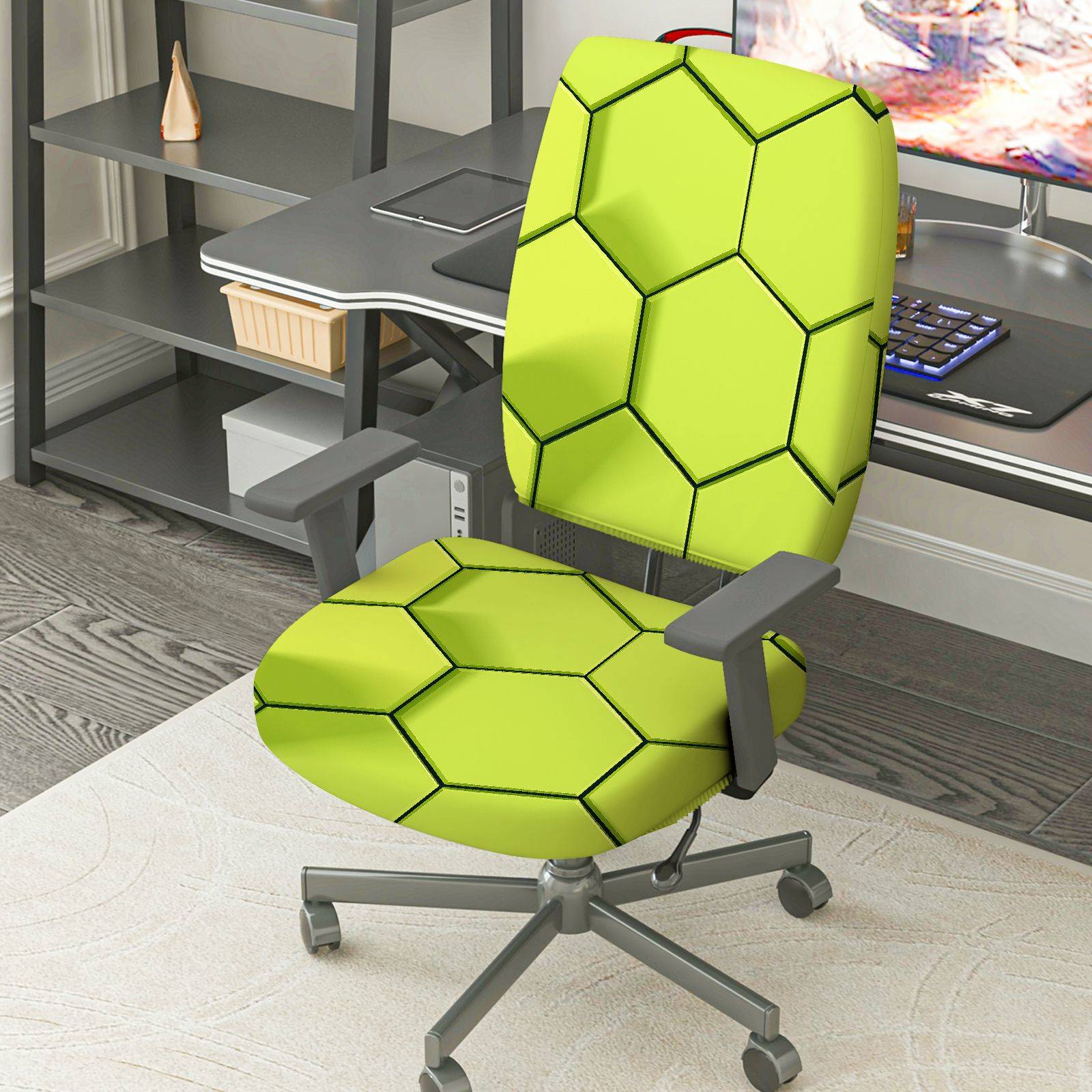 2-Piece Geometric Hexagon Pattern Green Modern Stylish  Computer Chair Cover Set, Seat and Backrest