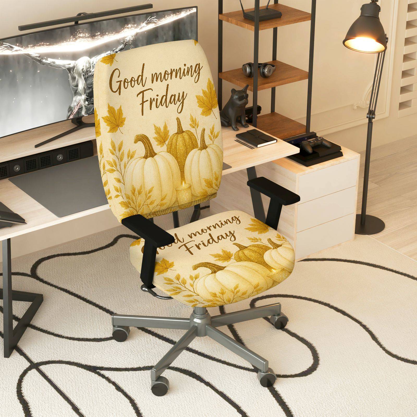 2-Piece Autumn Pumpkin Maple Friday Thanksgiving  Computer Chair Cover Set, Seat and Backrest