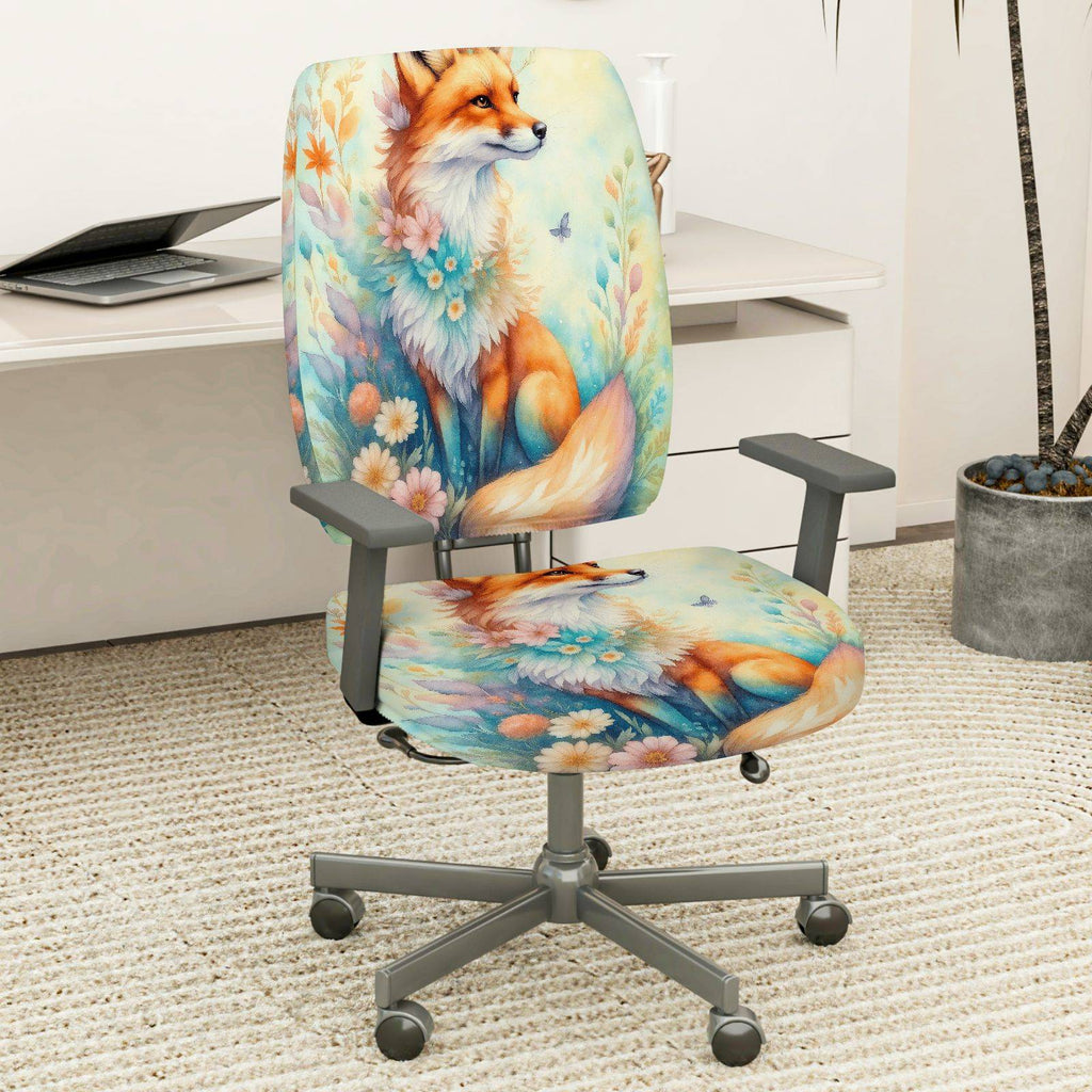 2-Piece Fox Floral Nature Artistic Decorative Animal  Computer Chair Cover Set, Seat and Backrest