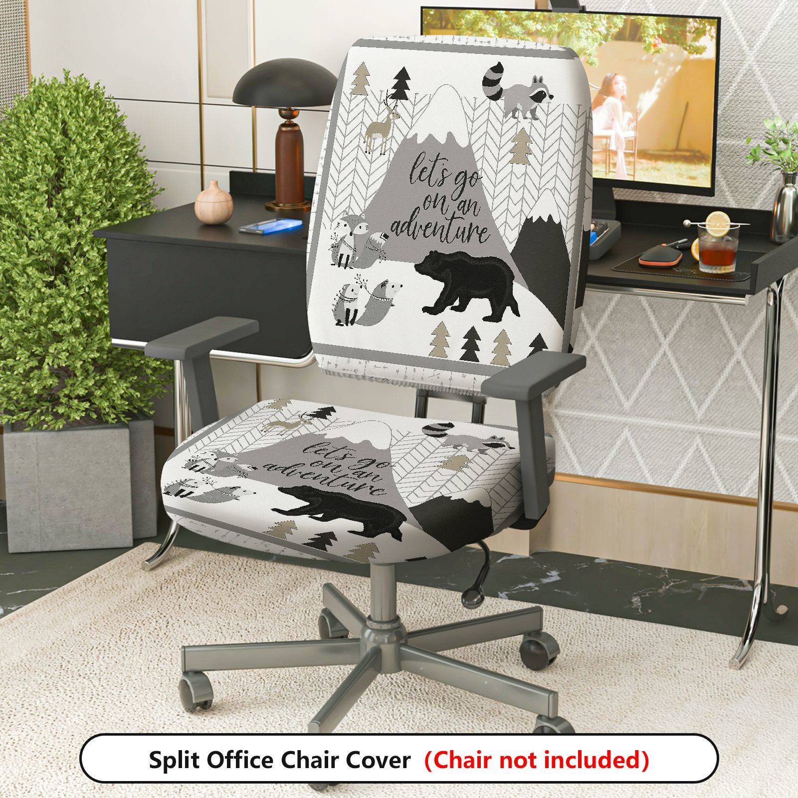 2-Piece Adventure Forest Mountain Animal Bear  Computer Chair Cover Set, Seat and Backrest