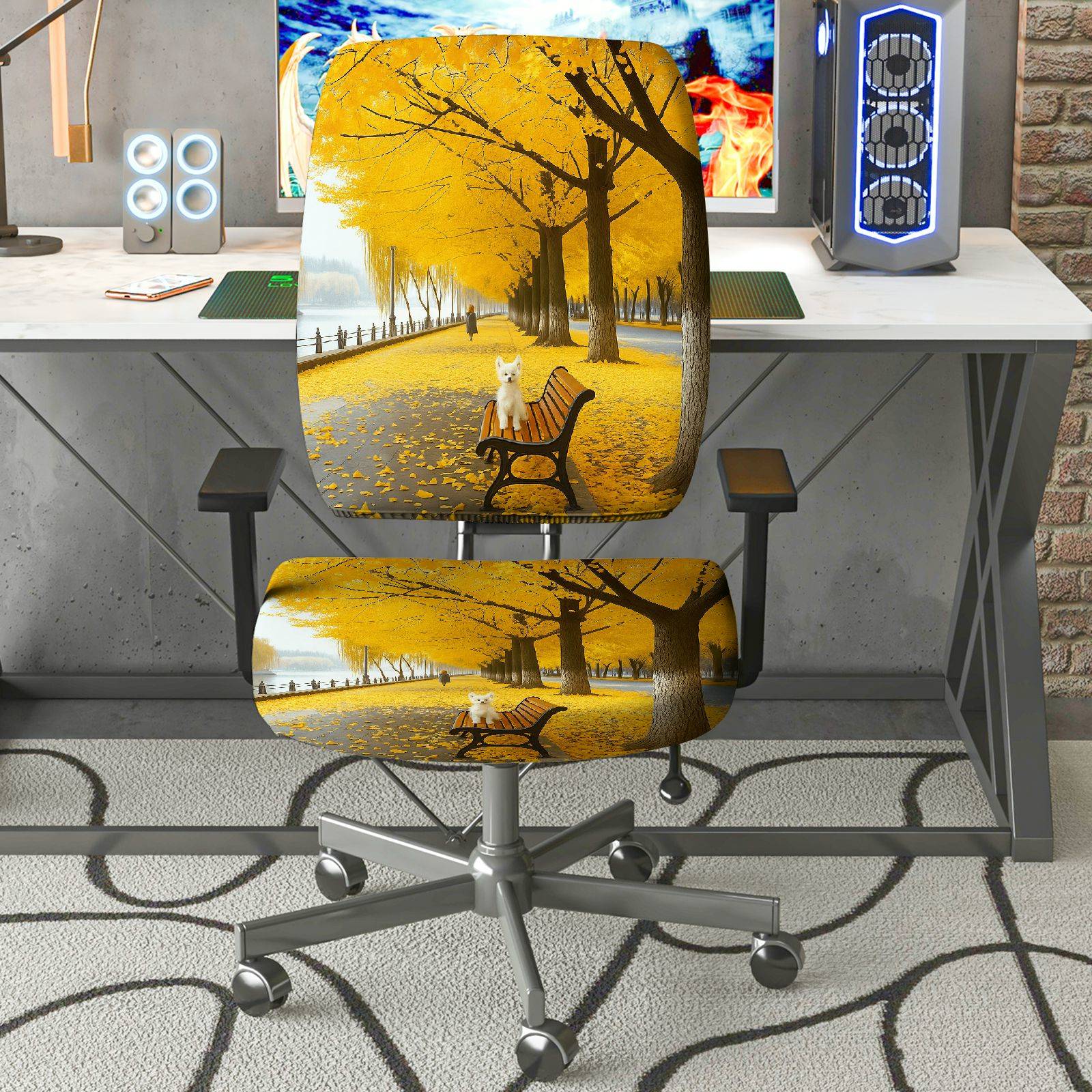2-Piece Autumn Forest Yellow Tree Dog Theme  Computer Chair Cover Set, Seat and Backrest